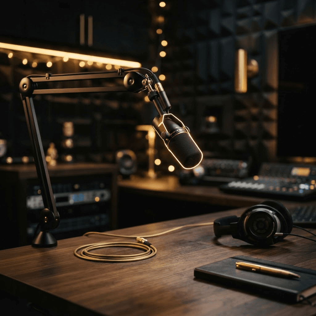 The Trillionaire Talk studio — a broadcast microphone under warm golden light